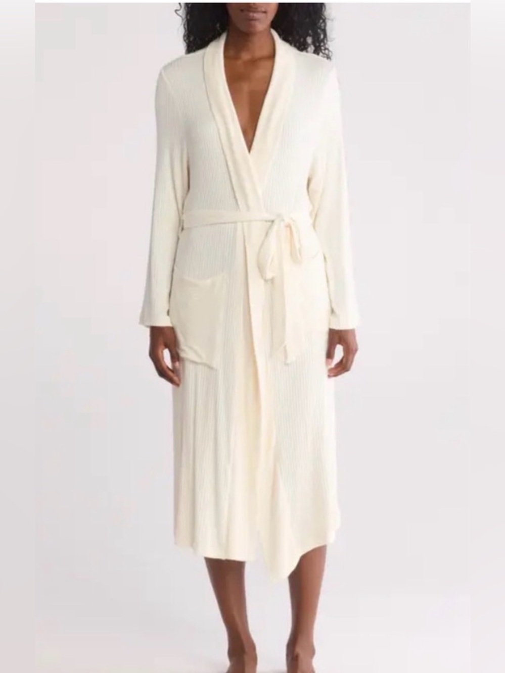 Nordstrom Ivory  Ribbed Knit Shawl Collar Robe Belted Long Sleeve L